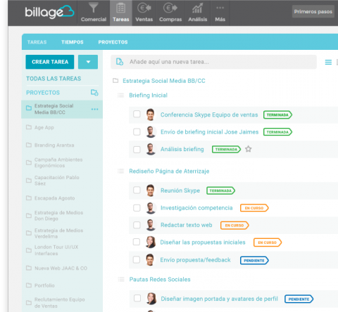 Captura de pantalla de la plataforma Billage