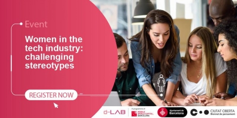 Cartell en anglès del diàleg 'Dones en la indústria tecnològica: Capgirant estereotips'